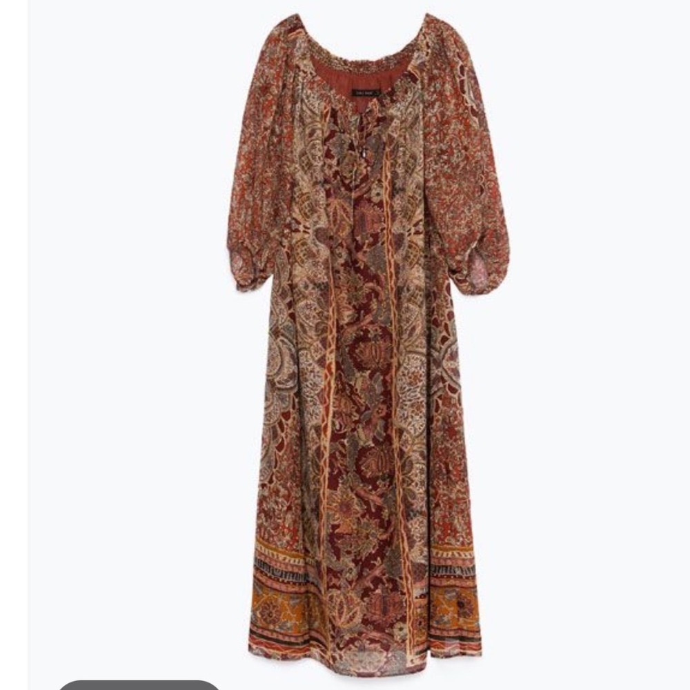 Zara Basic Paisley Midi Dress Burgundy Orange Boho Smocked Off Shoulder NWT M
